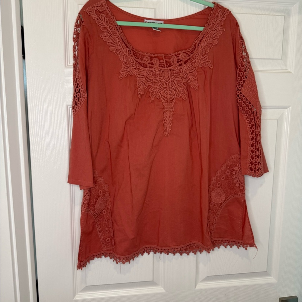 Contrast‎ Women's Lace Detail Top - Rust Coral long sleeve Sz XL excellent